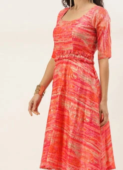 Multicolored Art Silk Round Neck Dress Festive Wear