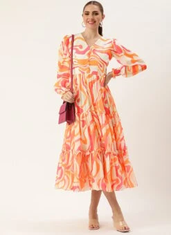 Multicolored Georgette Pinted Tiered Gathers Dress After Six Wear -Deals Chic Lehenga Store Multicolored Georgette Pinted Tiered Gathers Dress DRBS02307654 u