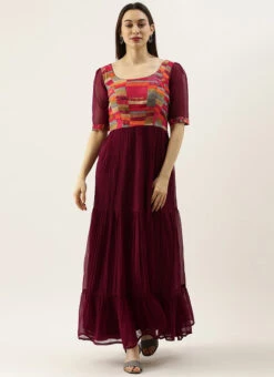 Multicolored N Burgundy Georgette Gathers Dress After Six Wear -Deals Chic Lehenga Store Multicolored N Burgundy Geogette Gathers Dress DRBS02105359 u