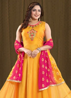 Mustard Art Silk Anarkali Suit Party Wear -Deals Chic Lehenga Store Mustard Art Silk Anarkali Suit SLMNFG129GOLDEN b