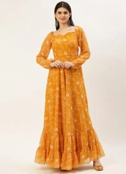 Mustard Digital Print Georgette Maxi Dress After Six Wear -Deals Chic Lehenga Store Mustard Digital Print Georgette Maxi Dress DRBS02301953 u