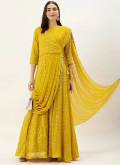 Mustard Embroidered Dupatta Draped Style Gown Wedding Wear -Deals Chic Lehenga Store Mustard Embroidered Dupatta Draped Style Gown IWBS02307668 u