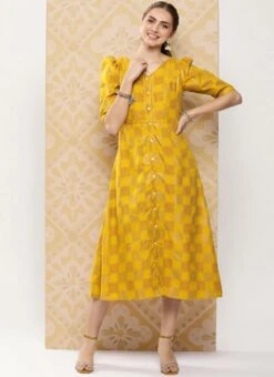 Mustard Rayon Printed A-Line Dress After Six Wear -Deals Chic Lehenga Store Mustard Rayon Printed A Line Dress DRBS02302195 u