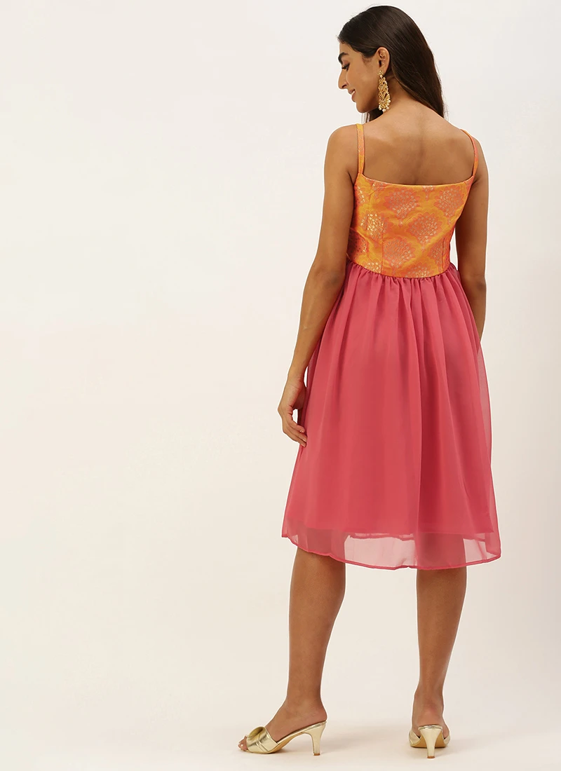 Mustard Taffeta Jacquard N Pink Dress Festive Wear 4 Mustard Taffeta Jacquard N Pink Dress Festive Wear - Image 4