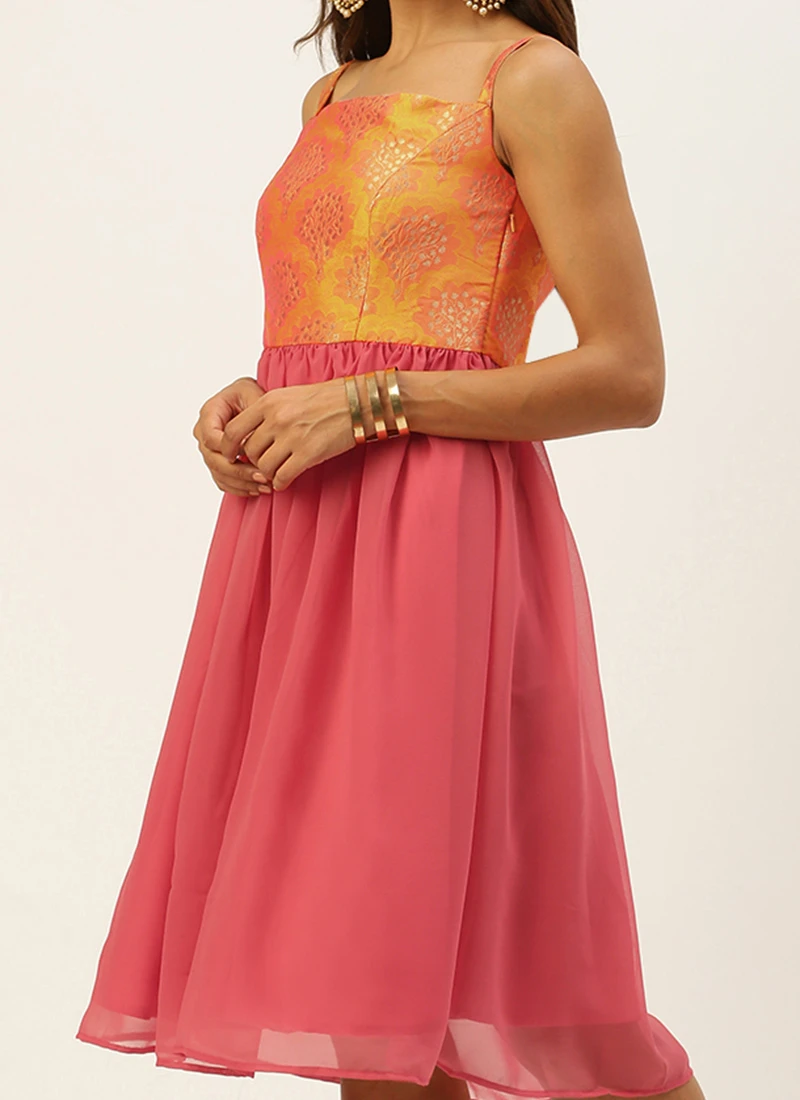 Mustard Taffeta Jacquard N Pink Dress Festive Wear 1 Mustard Taffeta Jacquard N Pink Dress Festive Wear