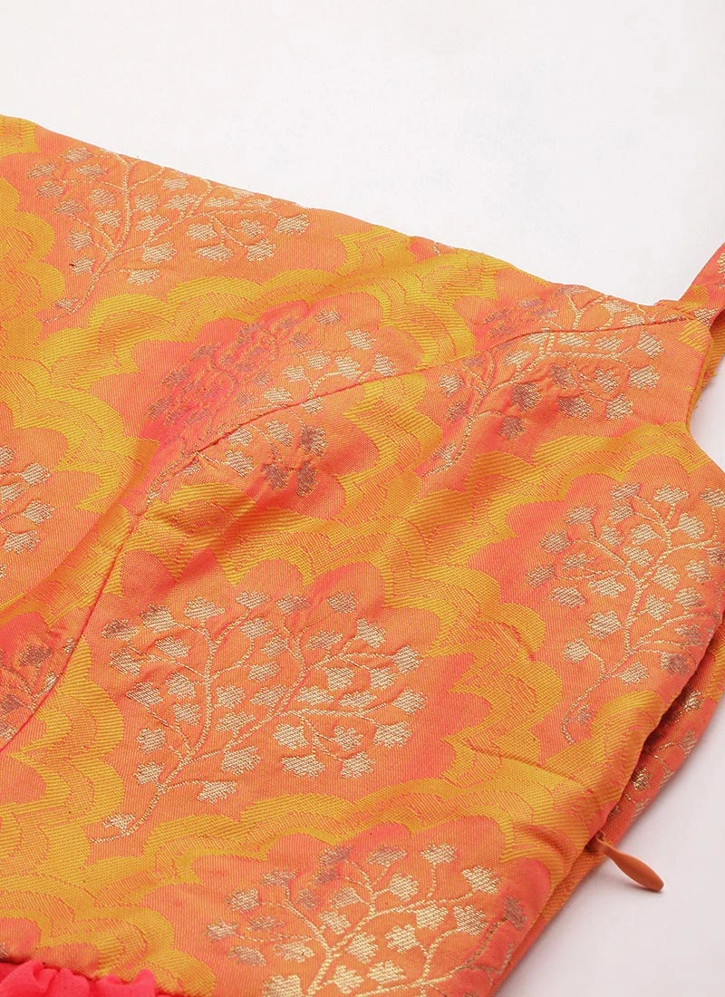 Mustard Taffeta Jacquard N Pink Dress Festive Wear 5 Mustard Taffeta Jacquard N Pink Dress Festive Wear - Image 5