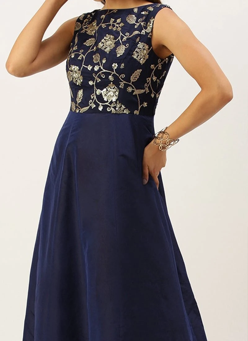 Navy Blue Embroidered Kali Style Gown Festive Wear 1 Navy Blue Embroidered Kali Style Gown Festive Wear
