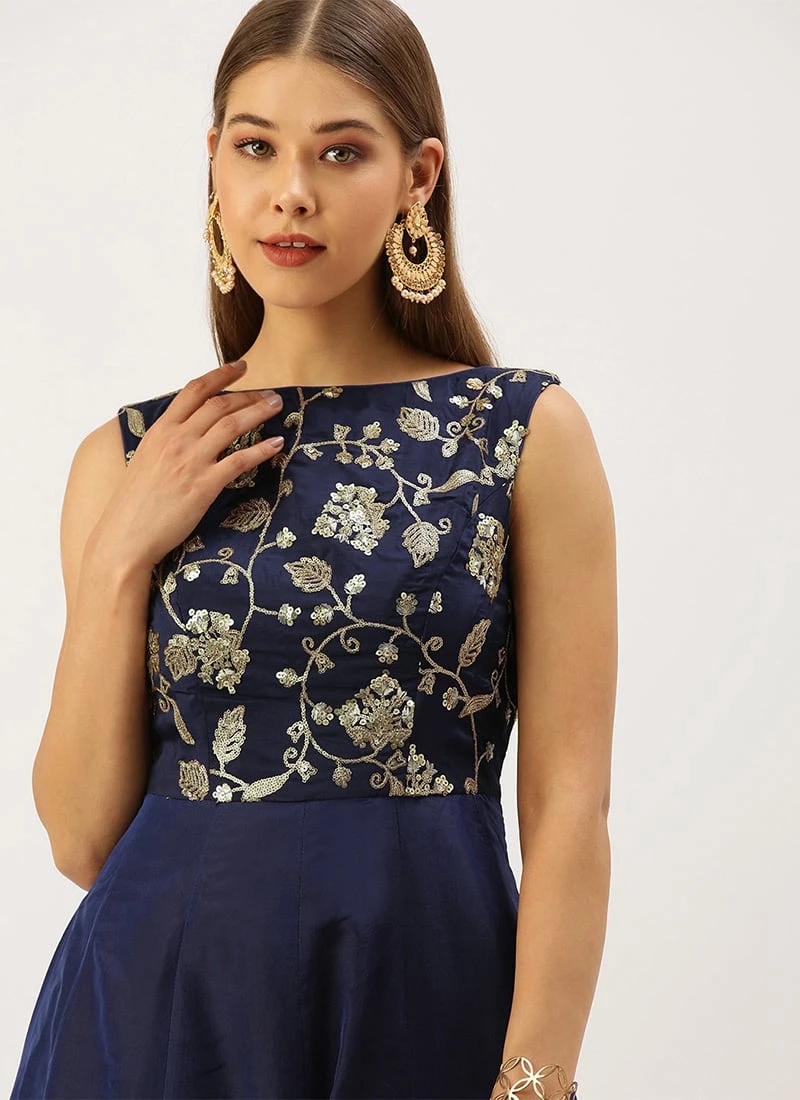 Navy Blue Embroidered Kali Style Gown Festive Wear 5 Navy Blue Embroidered Kali Style Gown Festive Wear - Image 5