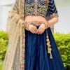 Navy Blue Ferrari Silk Heavy Embroidered Umbrella Lehenga Wedding Wear