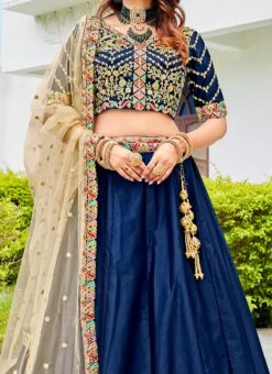 Navy Blue Ferrari Silk Heavy Embroidered Umbrella Lehenga Wedding Wear