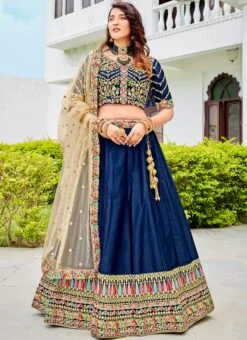 Navy Blue Ferrari Silk Heavy Embroidered Umbrella Lehenga Wedding Wear -Deals Chic Lehenga Store Navy Blue Ferrari Silk Heavy Embroidered Umbrella Lehenga GHSIRA901 u