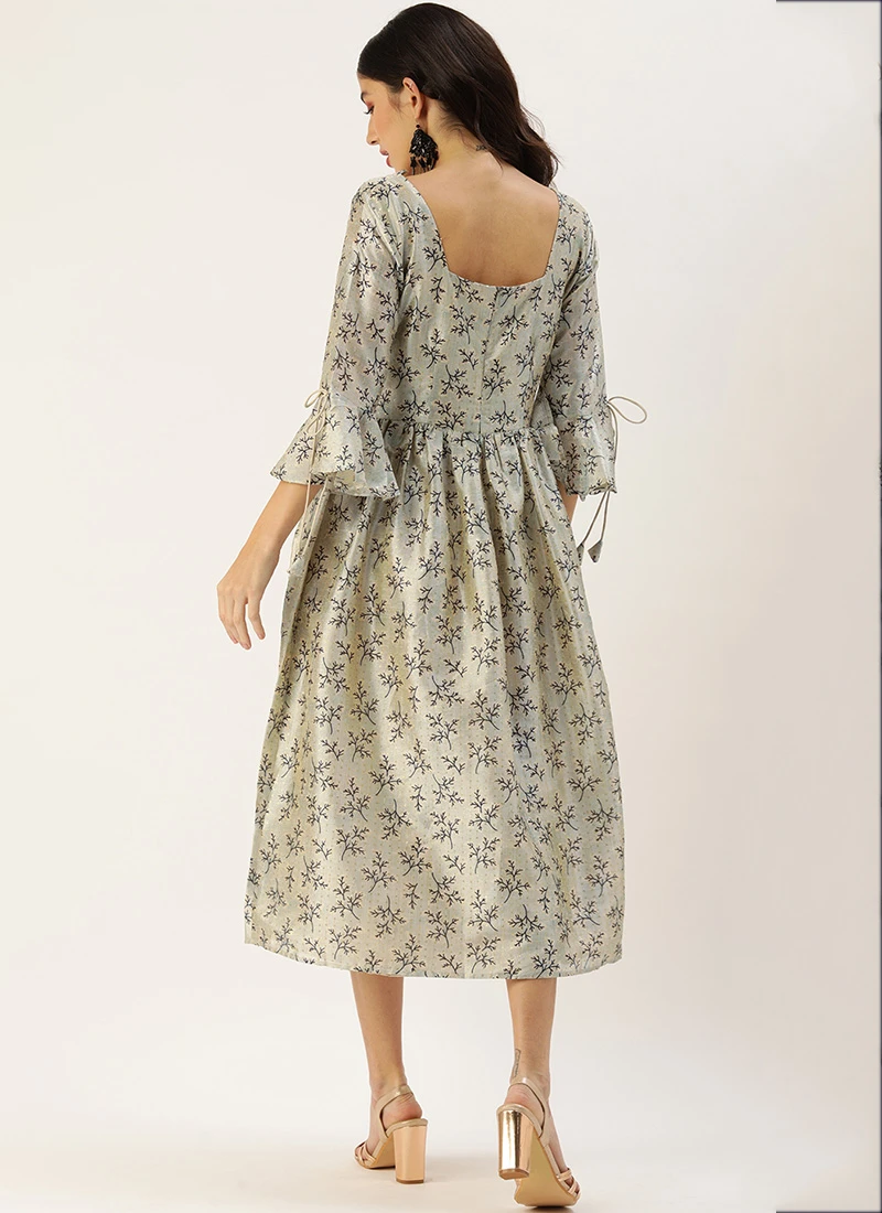 Off White Art Silk Gathered Flare Dress Festive Wear 4 Off White Art Silk Gathered Flare Dress Festive Wear - Image 4