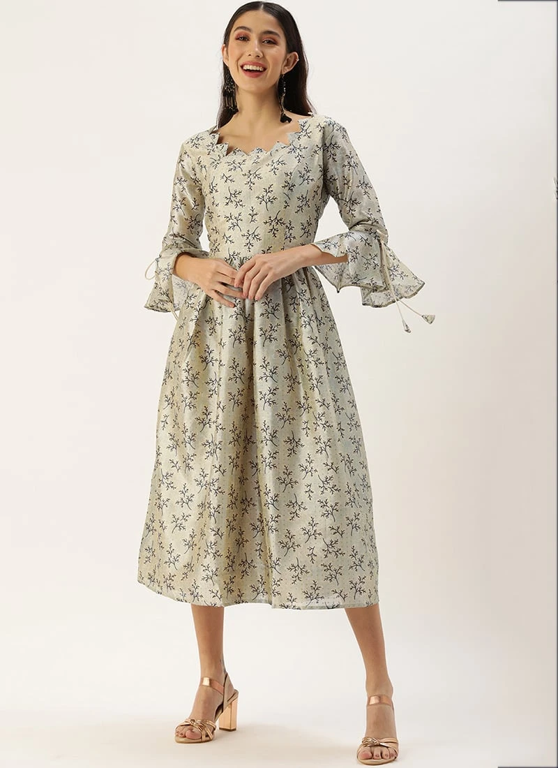 Off White Art Silk Gathered Flare Dress Festive Wear 3 Off White Art Silk Gathered Flare Dress Festive Wear - Image 3