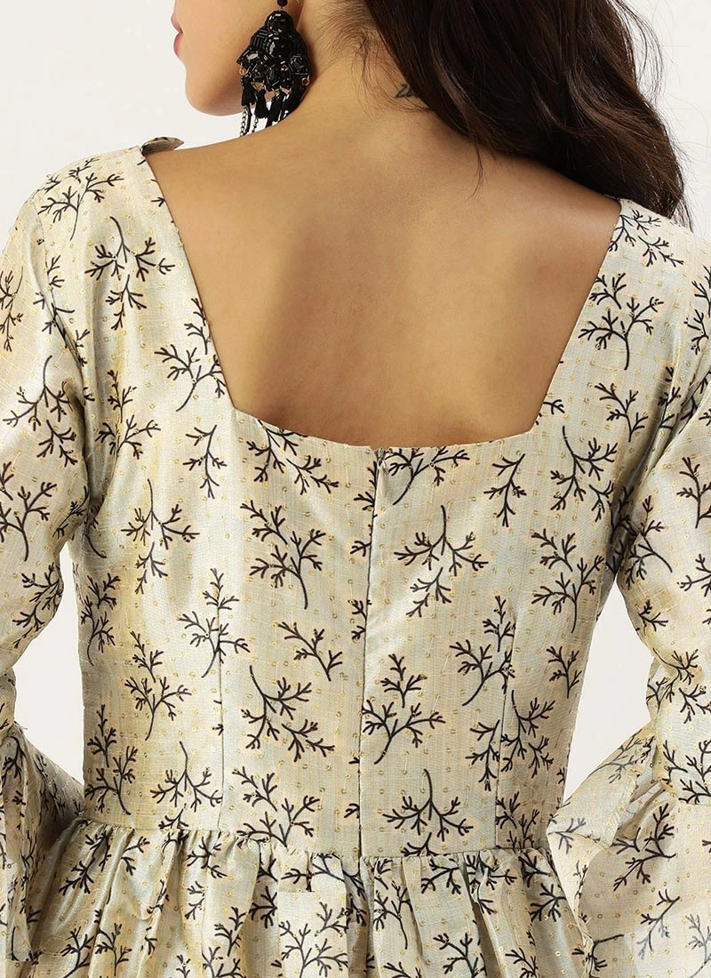 Off White Art Silk Gathered Flare Dress Festive Wear 6 Off White Art Silk Gathered Flare Dress Festive Wear - Image 6