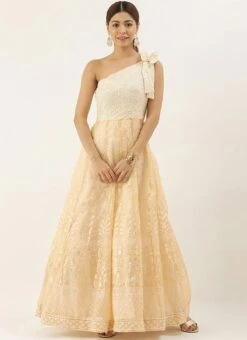 Off White Embroidered Kali Style One Shoulder Gown Party Wear -Deals Chic Lehenga Store Off White Embroidered Kali Style One Shoulder Gown IWBS02007375 u