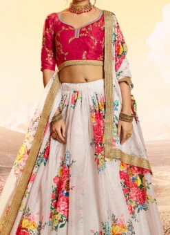 Off White Organza Printed Umbrella Lehenga Party Wear