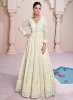 Off White Faux Georgette Embroidered With Beads Gown Party Wear -Deals Chic Lehenga Store Off white Faux Georgette Embroidered With Beads Gown BGWRSKA47175315 u
