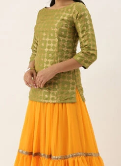 Olive Green Brocade N Yellow Layered Lehenga Set Festive Wear