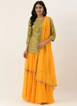 Olive Green Brocade N Yellow Layered Lehenga Set Festive Wear -Deals Chic Lehenga Store Olive Green Brocade N Yellow Layered Lehenga Set GHBS02012721 u