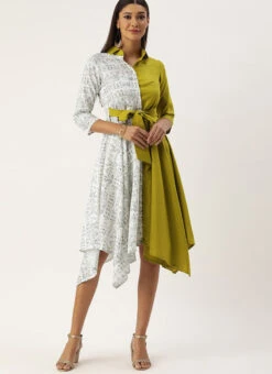 Olive Green N White Asymmetrical Shirt Dress After Six Wear -Deals Chic Lehenga Store Olive Green N White Asymmetrical Shirt Dress DRBS02105396 u
