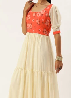 Orange N Off White Printed Dress Festive Wear