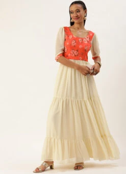 Orange N Off White Printed Dress Festive Wear -Deals Chic Lehenga Store Orange N Off White Printed Dress DRBS02303892 u