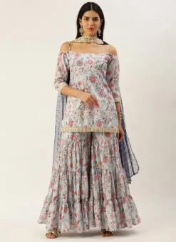 Bottom From Pale Blue Lily Art Silk Printed Gharara Set After Six Wear -Deals Chic Lehenga Store Pale Blue Lily Art Silk Printed Gharara Set SLBS02302281 u