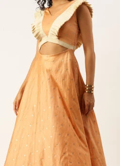 Peach Art Silk Jacquard Ruffled Dress Festive Wear