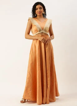Peach Art Silk Jacquard Ruffled Dress Festive Wear -Deals Chic Lehenga Store Peach Art Silk Jacquard Ruffled Dress DRBS02211144 u