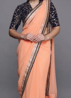Peach Collar V-Neck Saree Party Wear