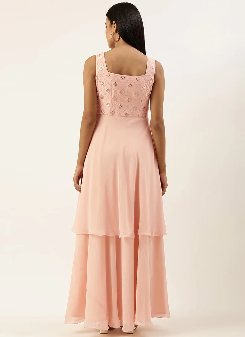 Peach Embroidered Georgette Layered Gown Party Wear 4 Peach Embroidered Georgette Layered Gown Party Wear - Image 4