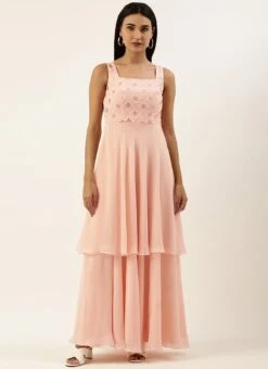 Peach Embroidered Georgette Layered Gown Party Wear 10 Peach Embroidered Georgette Layered Gown Party Wear -Deals Chic Lehenga Store Peach Embroidered Georgette Layered Gown IWBS02208524 u