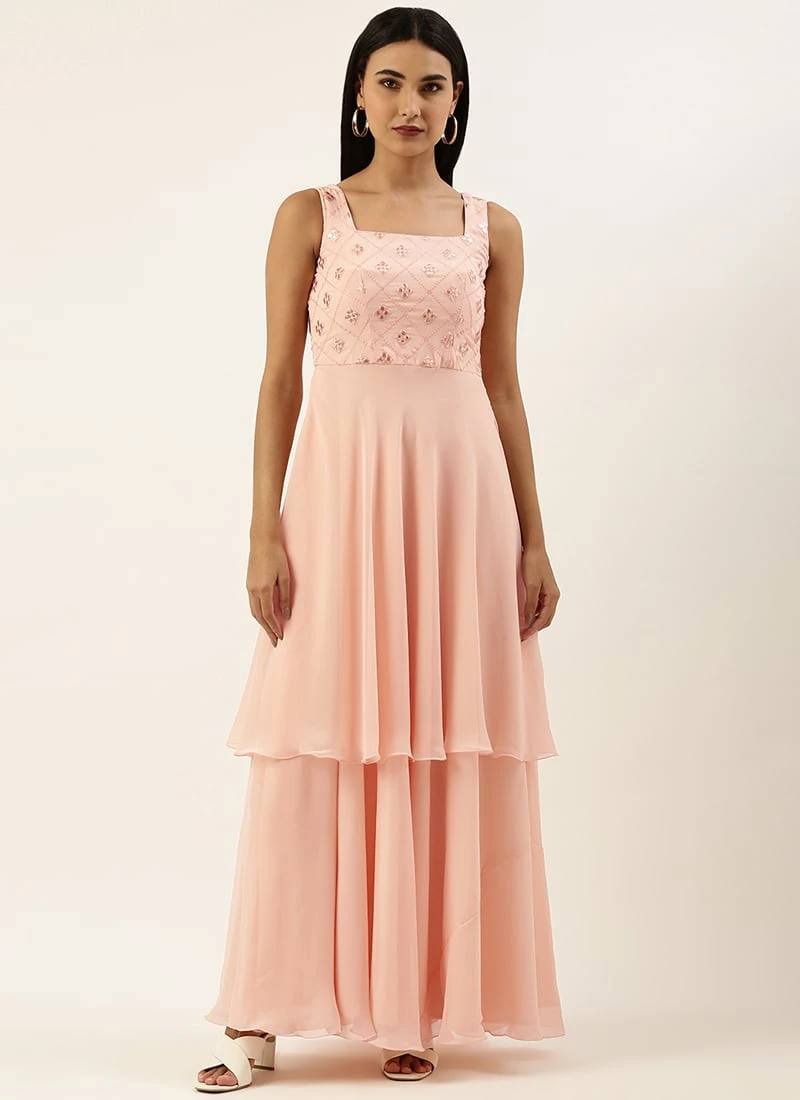 Peach Embroidered Georgette Layered Gown Party Wear 3 Peach Embroidered Georgette Layered Gown Party Wear - Image 3