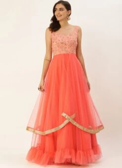 Peach Embroidered Layered Style Gown Wedding Wear -Deals Chic Lehenga Store Peach Embroidered Layered Style Gown IWBS02009838 u