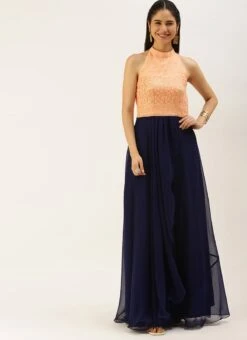 Peach Embroidered N Navy Blue Gown Wedding Wear -Deals Chic Lehenga Store Peach Embroidered N Navy Blue Gown IWBS02205095 u