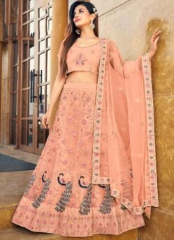 Peach Embroidery Stone Mirror Work Net A Line Lehenga Party Wear -Deals Chic Lehenga Store Peach Embroidery Stone Mirror Work Net A Line Lehenga GHSK4629A1043C u