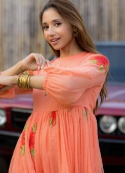 Peach Faux Chiffon Digital Print Fit And Flare Dress After Six Wear 7 Peach Faux Chiffon Digital Print Fit And Flare Dress After Six Wear -Deals Chic Lehenga Store Peach Faux Chiffon Digital Print Fit And Flare Dress DRSSUF1303 b