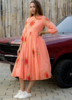 Peach Faux Chiffon Digital Print Fit And Flare Dress After Six Wear 6 Peach Faux Chiffon Digital Print Fit And Flare Dress After Six Wear -Deals Chic Lehenga Store Peach Faux Chiffon Digital Print Fit And Flare Dress DRSSUF1303 u