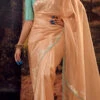 Peach Faux Crepe Embroidered Saree Party Wear