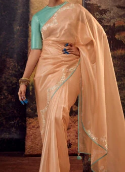 Peach Faux Crepe Embroidered Saree Party Wear