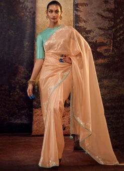 Peach Faux Crepe Embroidered Saree Party Wear -Deals Chic Lehenga Store Peach Faux Crepe Embroidered Saree SASLI21375269 u