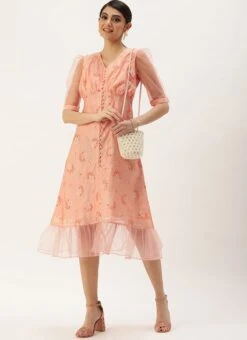 Peach Foil Printed A Line Dress After Six Wear -Deals Chic Lehenga Store Peach Foil Printed A Line Dress DRBS02209710 u