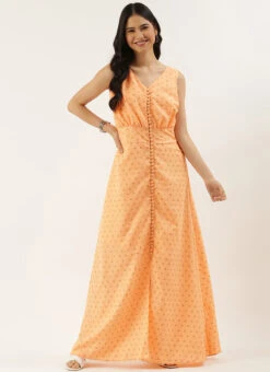 Peach Foil Printed Cotton Maxi Dress After Six Wear Festive Wear -Deals Chic Lehenga Store Peach Foil Printed Cotton Maxi Dress DRBS02206182 u
