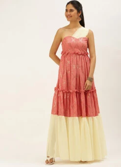 Peach N White Embroidered Tiered Maxi Dress Festive Wear -Deals Chic Lehenga Store Peach N White Embroidered Tiered Maxi Dress DRBS02206302 u