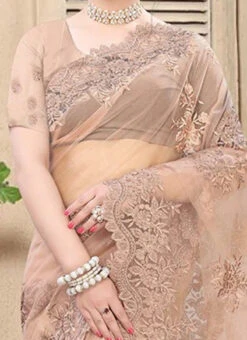 Peach Net Saree Party Wear