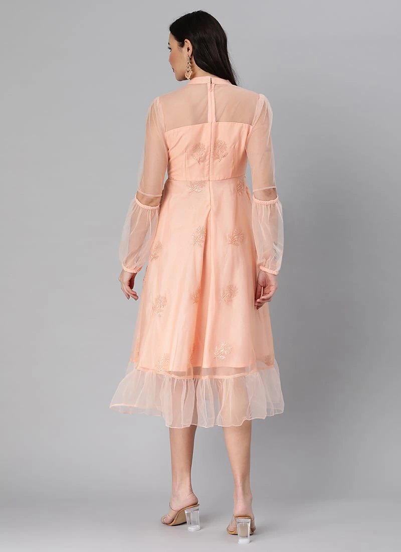 Peach Organza Embroidered Midi Dress After Six Wear 4 Peach Organza Embroidered Midi Dress After Six Wear - Image 4