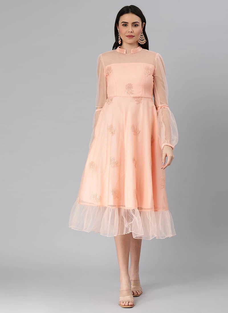 Peach Organza Embroidered Midi Dress After Six Wear 3 Peach Organza Embroidered Midi Dress After Six Wear - Image 3