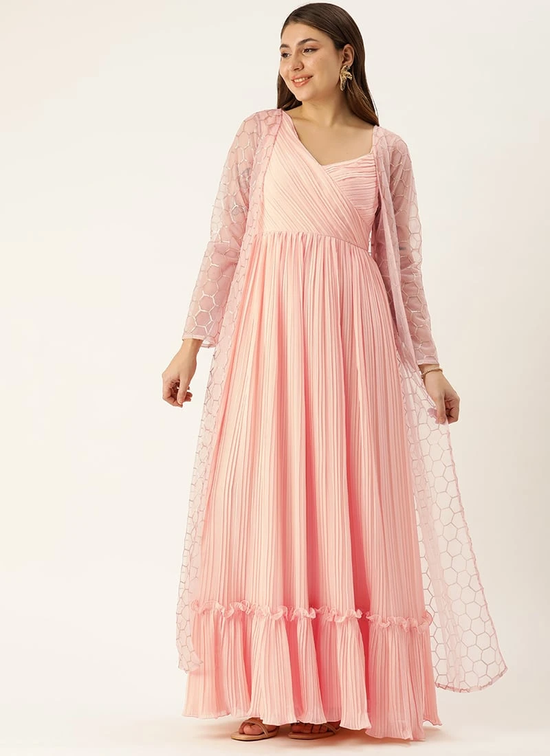 Peach Pleated Georgette Gown N Embroidered Jacket Party Wear 3 Peach Pleated Georgette Gown N Embroidered Jacket Party Wear - Image 3