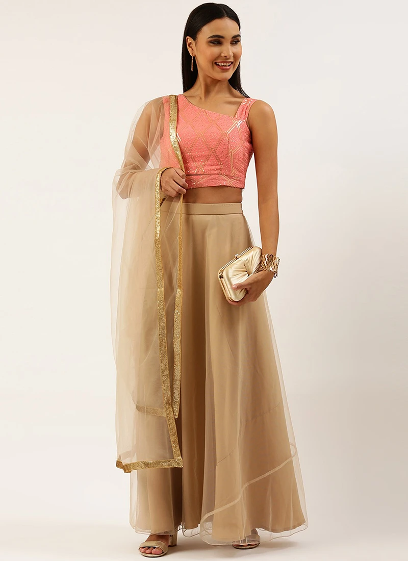 Peach Sequins Embroidered N Beige Lehenga Festive Wear 3 Peach Sequins Embroidered N Beige Lehenga Festive Wear - Image 3