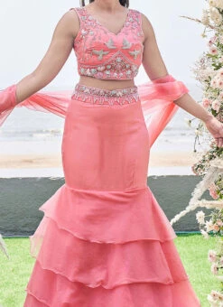 Peach Viscose Organza Embroidery Lehenga Choli With Dupatta Wedding Wear